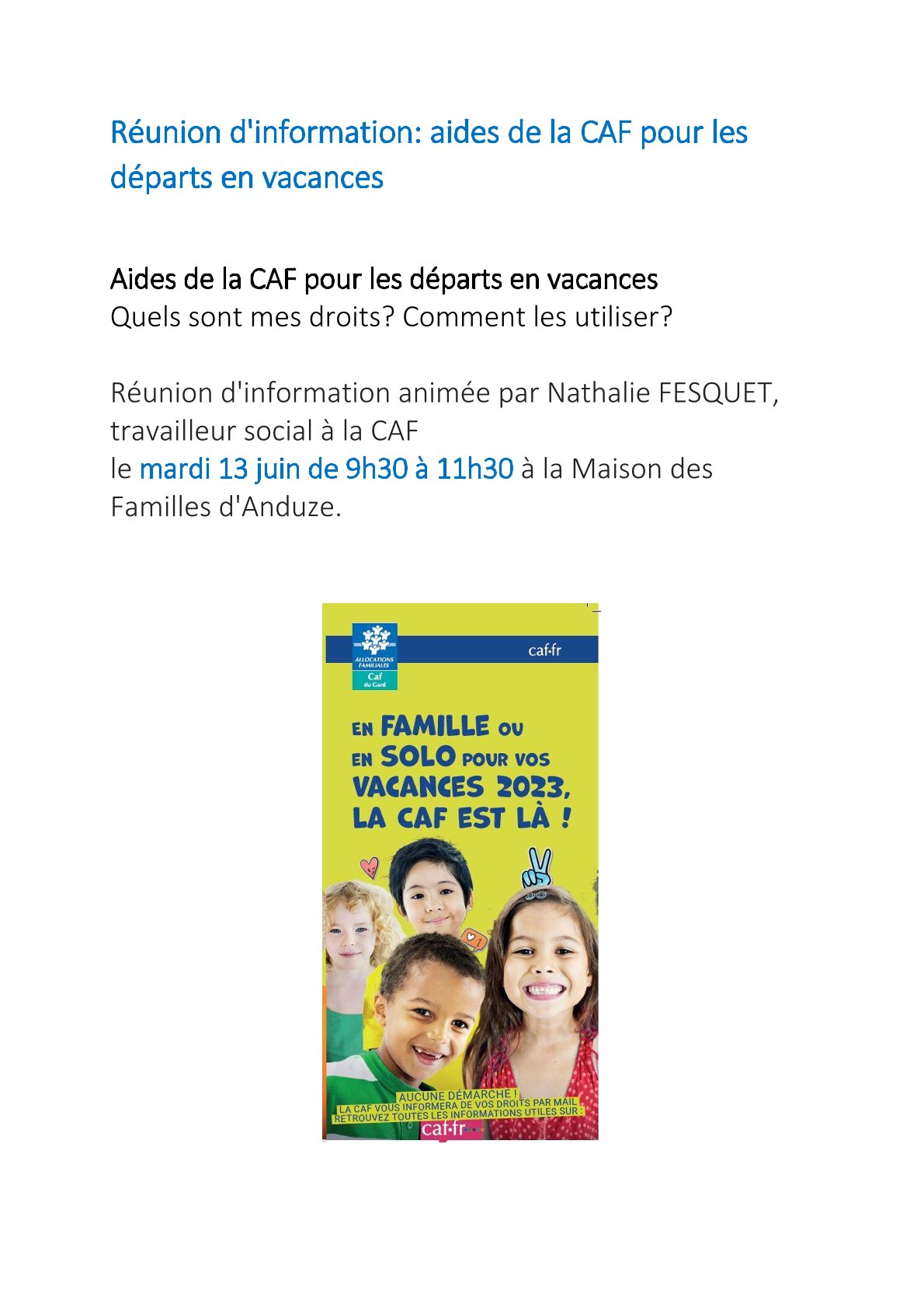 Réunion d'information "Aide de la CAF pour les départs en vacances" Animé par la CAF